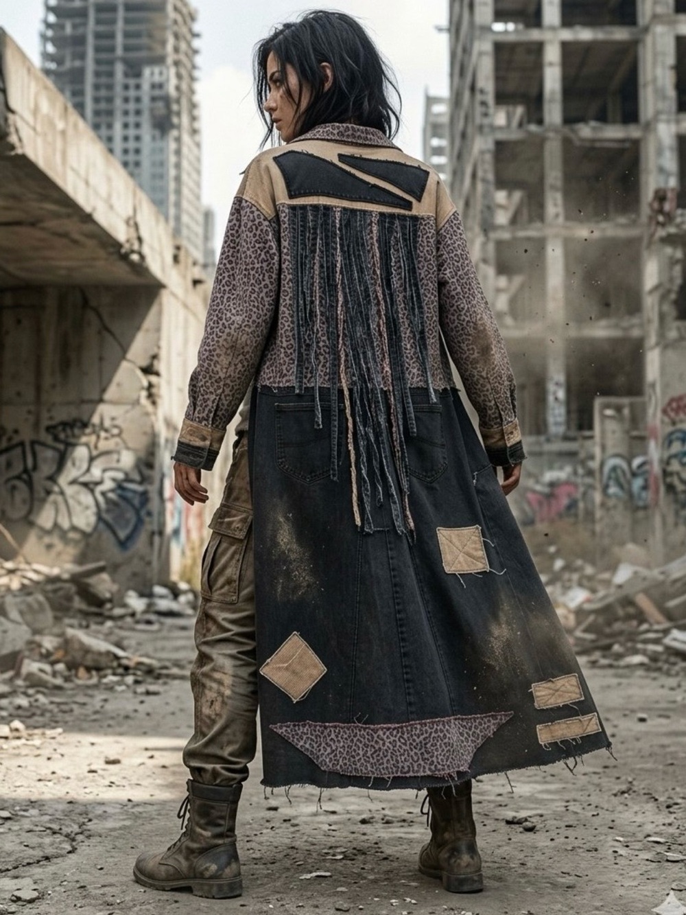 Upcycled zombie apocalypse leopard print tattered patched denim duster jacket